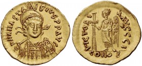 Anastasius I, 491 – 518. Solidus 491-498, AV 4.51 g. Pearl diademed, helmeted and cuirassed bust facing three-quarters r., holding spear and ornamenta...