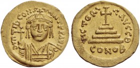 Tiberius II Constantine, 578 – 582. Solidus 579-582, AV 4.12 g. Cuirassed bust facing, wearing crown with cross on circlet and pendilia, holding globu...
