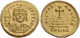 Tiberius II Constantine, 578 – 582. Solidus 579-582, AV 4.45 g. Cuirassed bust facing, wearing crown with cross on circlet and pendilia, holding globu...