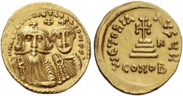 Heraclius (610-641) with Heraclius Constantine. Solidus, 8th officina 629-632, AV 4.48 g. Crowned busts of Heraclius and Heraclius Constantine facing,...