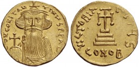 Constans II, 641 – 668. Solidus, 6th officina 651-654, AV 4.43 g. Crowned and draped bust facing, holding globus cruciger. Rev. Cross potent on three ...