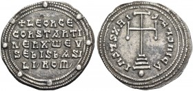 Leo VI the Wise, 886 – 912 with colleagues from 879. Miliaresion 908-912, AR 2.68 g. Legend on three lines within a triple border of dots. Rev. Cross ...