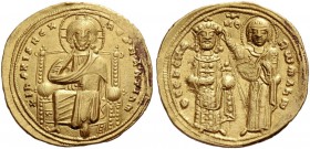 Romanus III, 1028 – 1034. Histamenon 1028-1034, AV 4.34 g. Facing, nimbate Christ enthroned, holding Gospels. Rev. Mary crowning Romanus, wearing sacc...