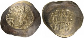 Nicephorus III Botaniates, 1078 – 1081. Aspron trachy 1195-1197, EL 3.54 g. Christ facing on backless throne, nimbate, wearing pallium and colobium, r...