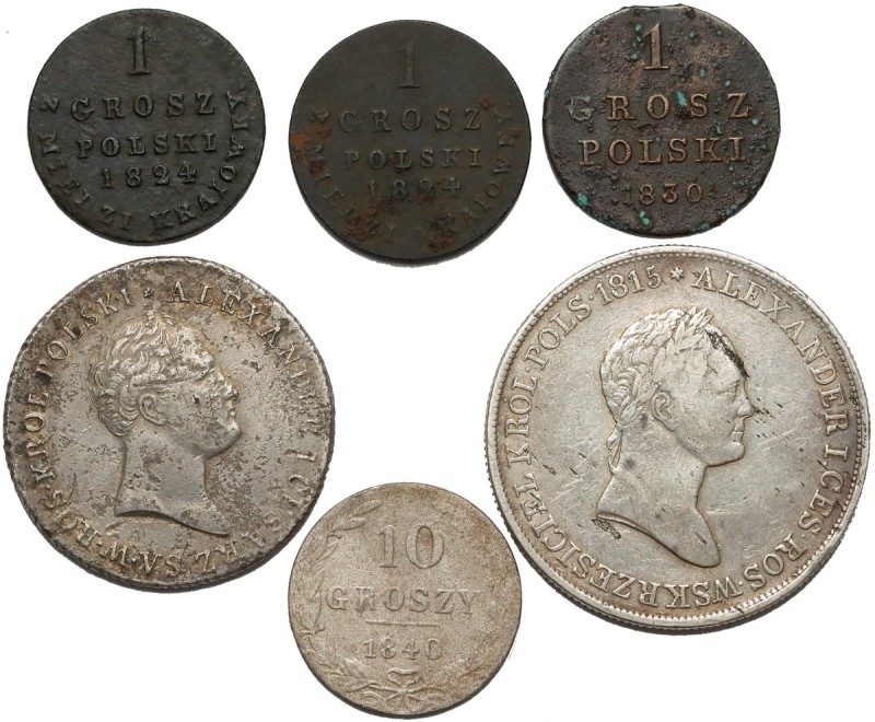 Zabory, od 5 złotych po 1 grosz 1816-1840 (6szt) W zestawie dwa duże srebra czas...