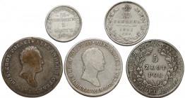 Zabory, od złotówki do 5 złotych 1817-1851, w tym Powstanie (5szt)