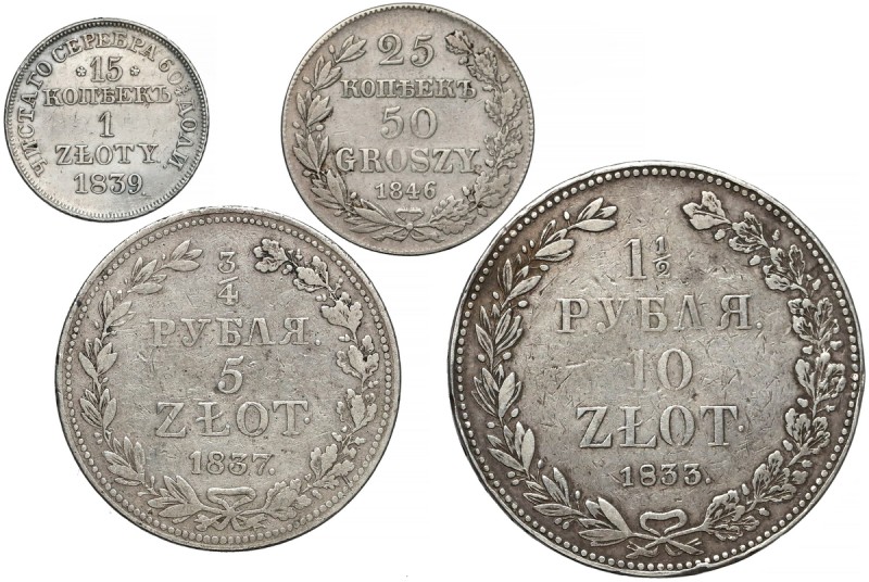 Zabory, dwunominałowe 50 groszy - 10 złotych 1833-1846 (4szt) Ładna złotówka 183...