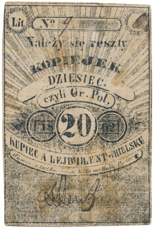 Bielsk, A. Lejb Lent, 10 kopiejek = 20 groszy 1862 Nazwa emitenta drukiem.&nbsp;...