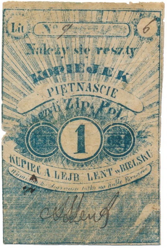 Bielsk, A. Lejb Lent, 15 kopiejek = 1 złoty 1862 Nazwa emitenta drukiem.&nbsp; W...