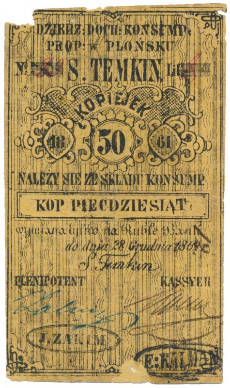 Płońsk, S. Temkin Dzierżawca Dochodów Konsumpcji, 50 kopiejek 1861 Nazwa emitent...