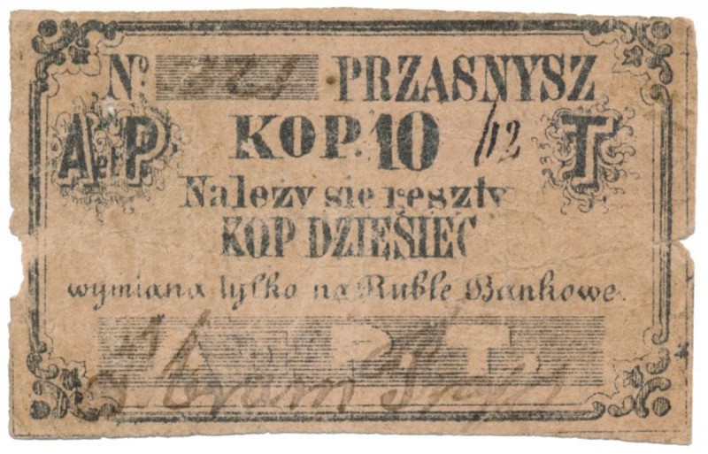 Przasnysz, A.P.T. (Abram Trop), 10 kopiejek (XIX w.) Inicjały emitenta drukiem. ...