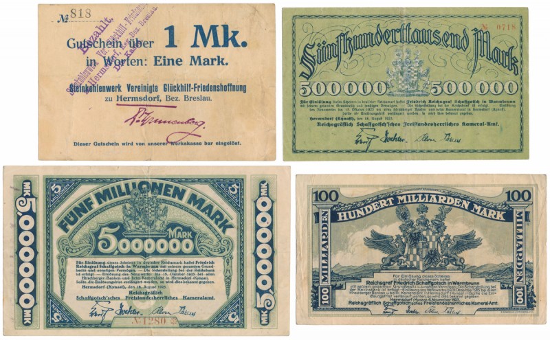 Hermsdorf (Sobieszów), 1 mk - 100 mld mk (4szt) 
Grade: F+/VF 

POLAND POLEN