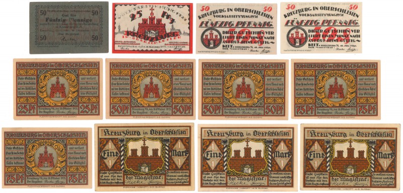 Kreuzburg (Kluczbork), 25 pfg - 1 mk 1916-22 (12szt) 1 banknot 50 pfg 1916 w st....