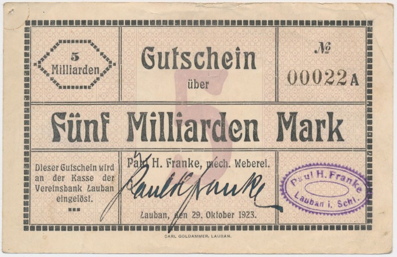 Lauban (Lubań), 5 mld mk 1923 - Paul H. Franke Reference: Keller 2921
Grade: VF...