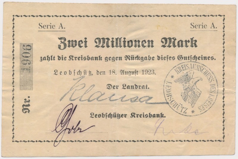 Leobschutz (Głubczyce), 2 mln mk 1923 Reference: Keller 3217.b
Grade: VF+ 

P...