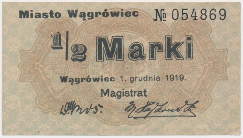 Wągrówiec, 1/2 marki 1919 Reference: Podczaski P-223.E.1.a
Grade: AU 

POLAND...