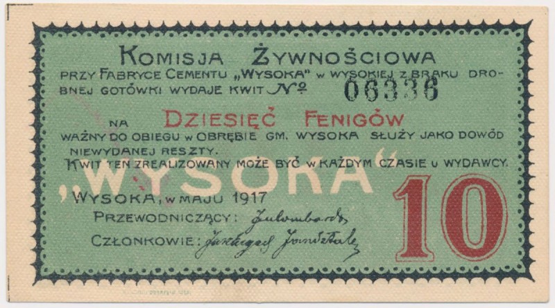 Wysoka, Komisja Żywnościowa, 10 fenigów 1917 Reference: Podczaski R-492.4
Grade...