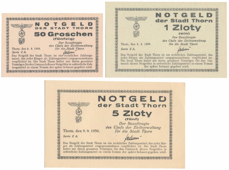 Thorn (Toruń), 50 gr, 1 i 5 zł 1939 (3szt) Reference: Podczaski D-034.B.1-3
Gra...