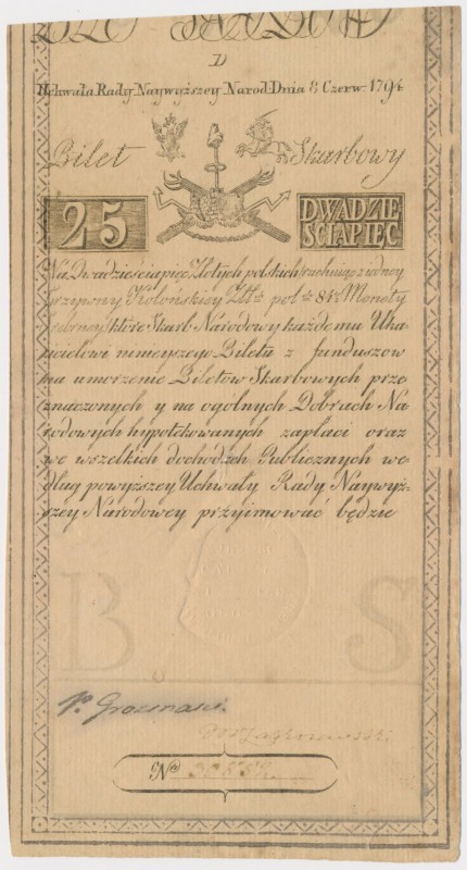 25 złotych 1794 - D Ukośne złamanie i małe skaleczenie/naddarcie w centrum bankn...