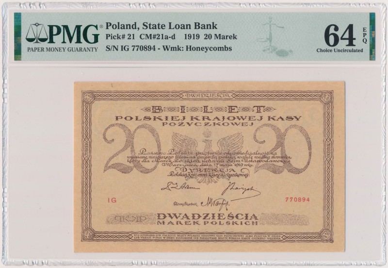 20 mkp 05.1919 - IG Rzadki typologicznie banknot, a w stanie emisyjnym bardzo tr...