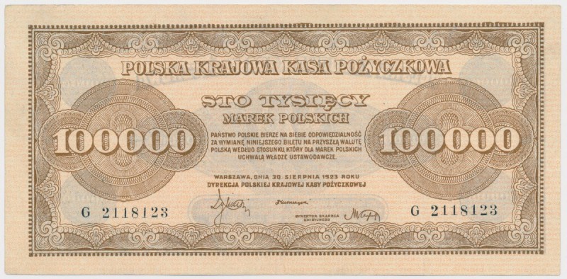 100.000 mkp 1923 - G Lekkie złamanie pionowe centralnie. Banknot po lekkich popr...