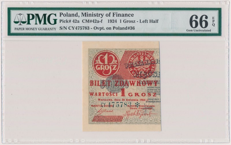 1 grosz 1924 - CY❉ - lewa połowa Reference: Miłczak 42b
Grade: PMG 66 EPQ