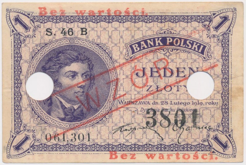 1 złoty 1919 - WZÓR - S.46 B Dwa lekkie złamania pionowe, dziurki po zszywaczu (...