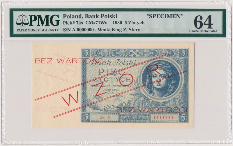 5 złotych 1930 - WZÓR - Ser.A 0000000 Jedyny egzemplarz oryginalnego wzoru bankn...