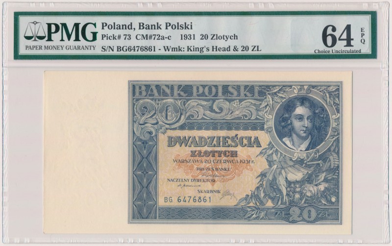 20 złotych 1931 - BG Rzadki, wczesny typ oznaczenia serii. Reference: Miłczak 72...