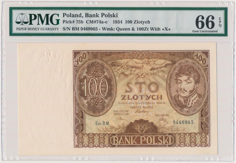 100 złotych 1934 - Ser.BM - +X+ w znaku wodnym Zdecydowanie rzadziej spotykana o...