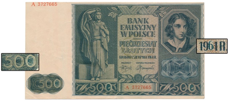 50 zł 1941 PRZERÓBKA na 500 zł 1961 Fałszerstwo najprawdopodobniej na szkodę zag...