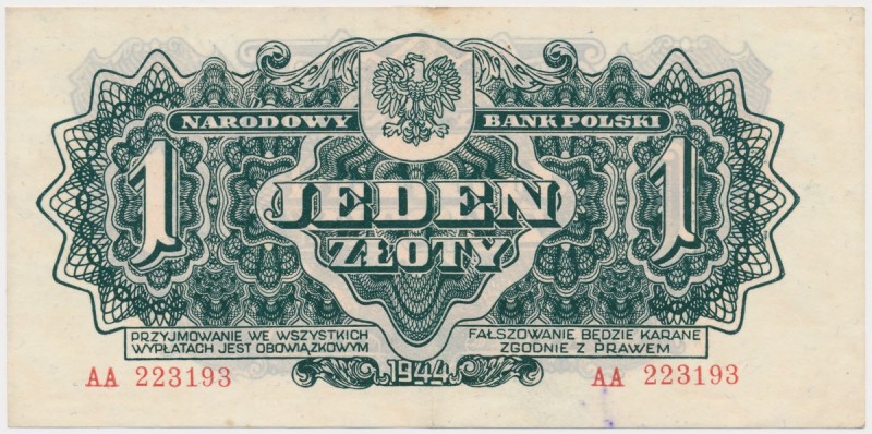 1 złoty 1944 ...owym - AA Reference: Miłczak 105a
Grade: XF