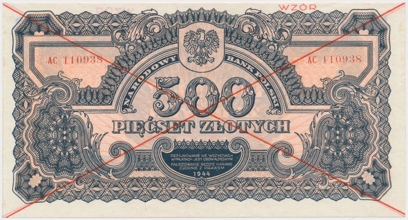 500 złotych 1944 ...owym - WZÓR - AC Minimalne zafalowanie bocznych marginesów. ...