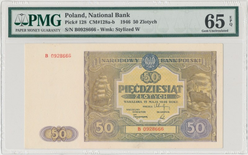 50 złotych 1946 - B - mała litera Rzadsza pierwsza odmiana z małą literą serii. ...