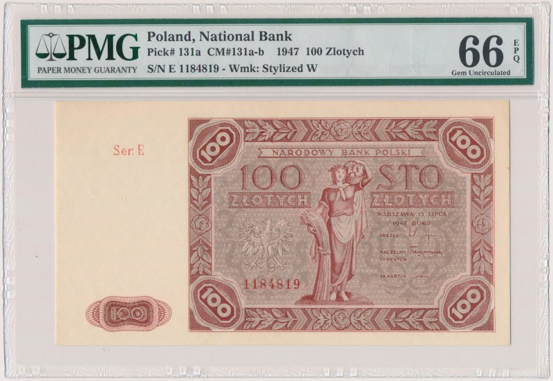 100 złotych 1947 - Ser.E - duża litera Reference: Miłczak 131a
Grade: PMG 66 EP...