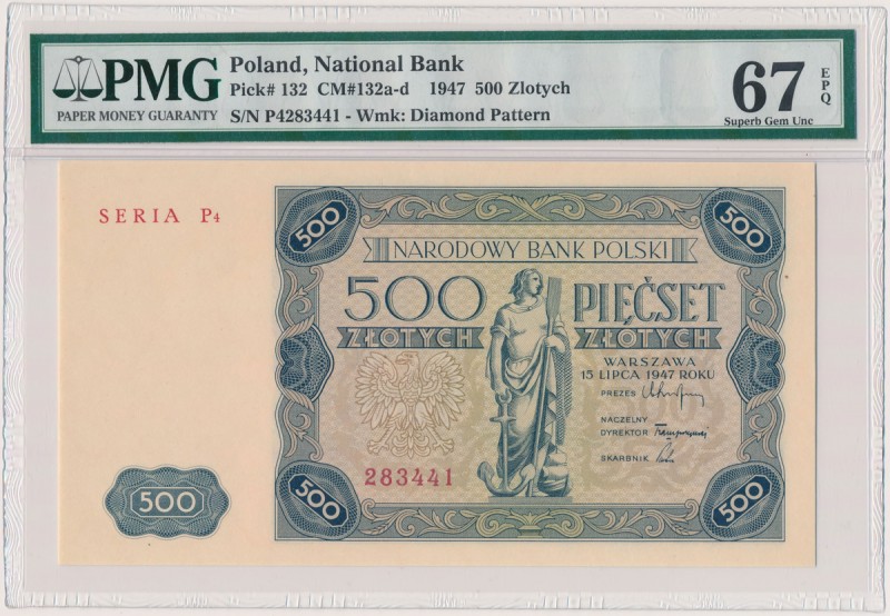 500 złotych 1947 - P4 Reference: Miłczak 132d
Grade: PMG 67 EPQ