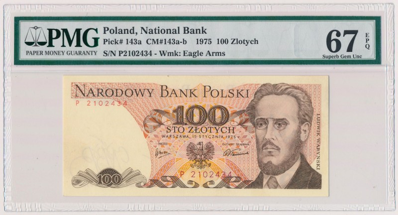 100 złotych 1975 - P Reference: Miłczak 143a
Grade: PMG 67 EPQ