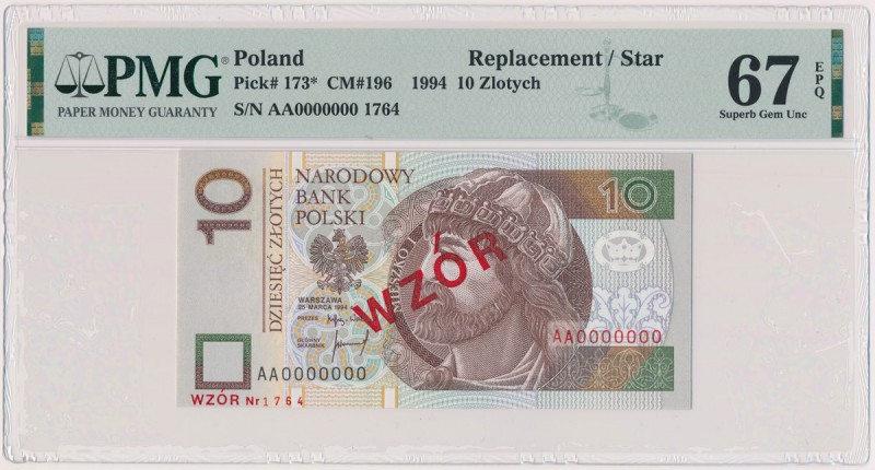 10 złotych 1994 - WZÓR - AA 0000000 - Nr 1764 Reference: Miłczak 196Wa
Grade: P...