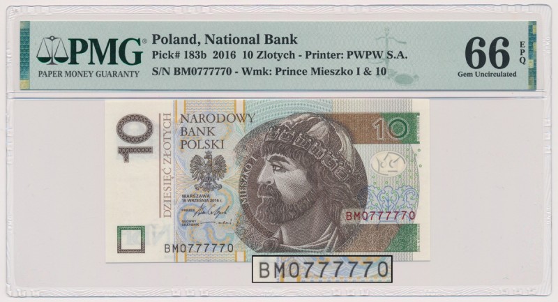 10 złotych 2016 - BM 0777770 - radar Ładny numer radarowy. 
Grade: PMG 66 EPQ