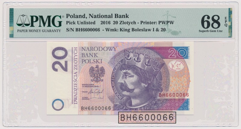 20 złotych 2016 - BH 6600066 - radar Ładny numer radarowy. 
Grade: PMG 68 EPQ