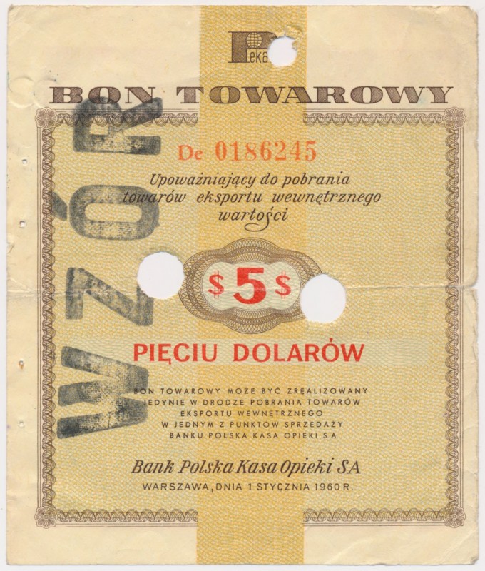 PEWEX 5 dolarów 1960 - WZÓR - numeracja bieżąca Typ wzoru nienotowany w katalogu...