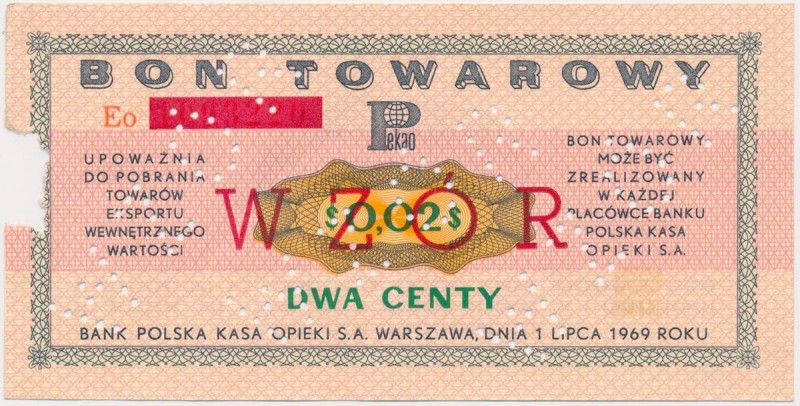 PEWEX 2 centy 1969 - WZÓR - zadrukowana numeracja bieżąca Wzór wykonany na bazie...