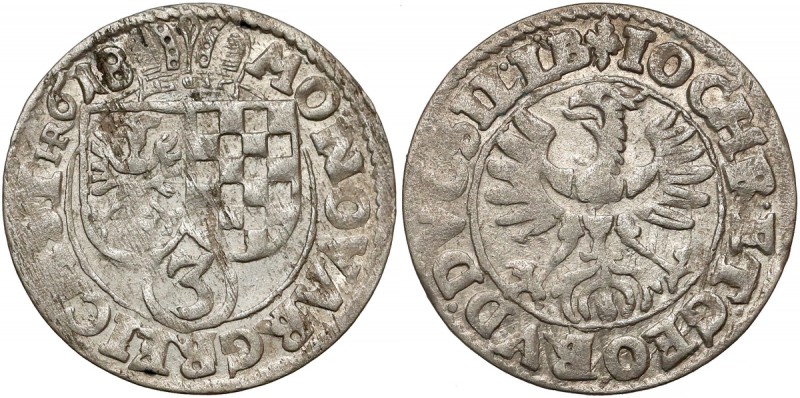 Śląsk, Jan Chrystian i Jerzy Rudolf, 3 krajcary 1618, Złoty Stok Odmiana z dużym...