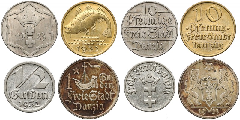 Gdańsk, 10 fenigów, 1/2 i 1 gulden 1923-1932 (4szt) Dorsz wybłyszczony, pozostał...