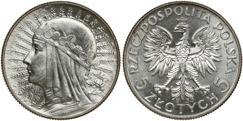 Głowa Kobiety, 5 złotych 1933 Moneta która nie otrzyma noty numerycznej w gradin...