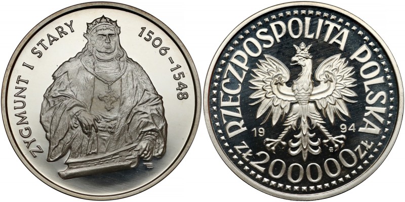 200.000 złotych 1994 Zygmunt I Stary - półpostać Lekka patyna. 
 Kapsel zastępc...