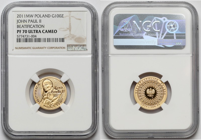 100 złotych 2011 Jan Paweł II Beatyfikacja Nakład 8.000 sztuk. Złoto .900, średn...