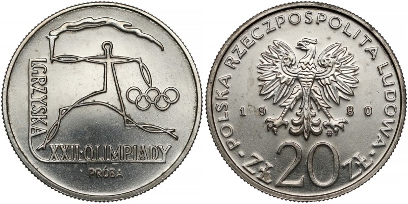 Próba NIKIEL 20 złotych 1980 XXII Olimpiada - znicz Nakład 500 sztuk (NBP), 540 ...