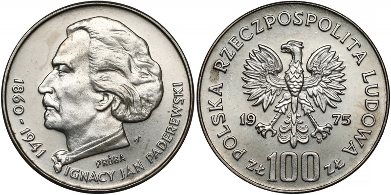 Próba NIKIEL 100 złotych 1975 Paderewski Nakład 500 sztuk (NBP), 540 sztuk (MW)....