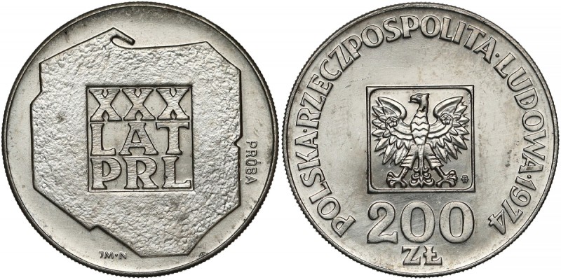 Próba NIKIEL 200 złotych 1974 XXX lat PRL Nakład 500 sztuk (NBP), 540 sztuk (MW)...